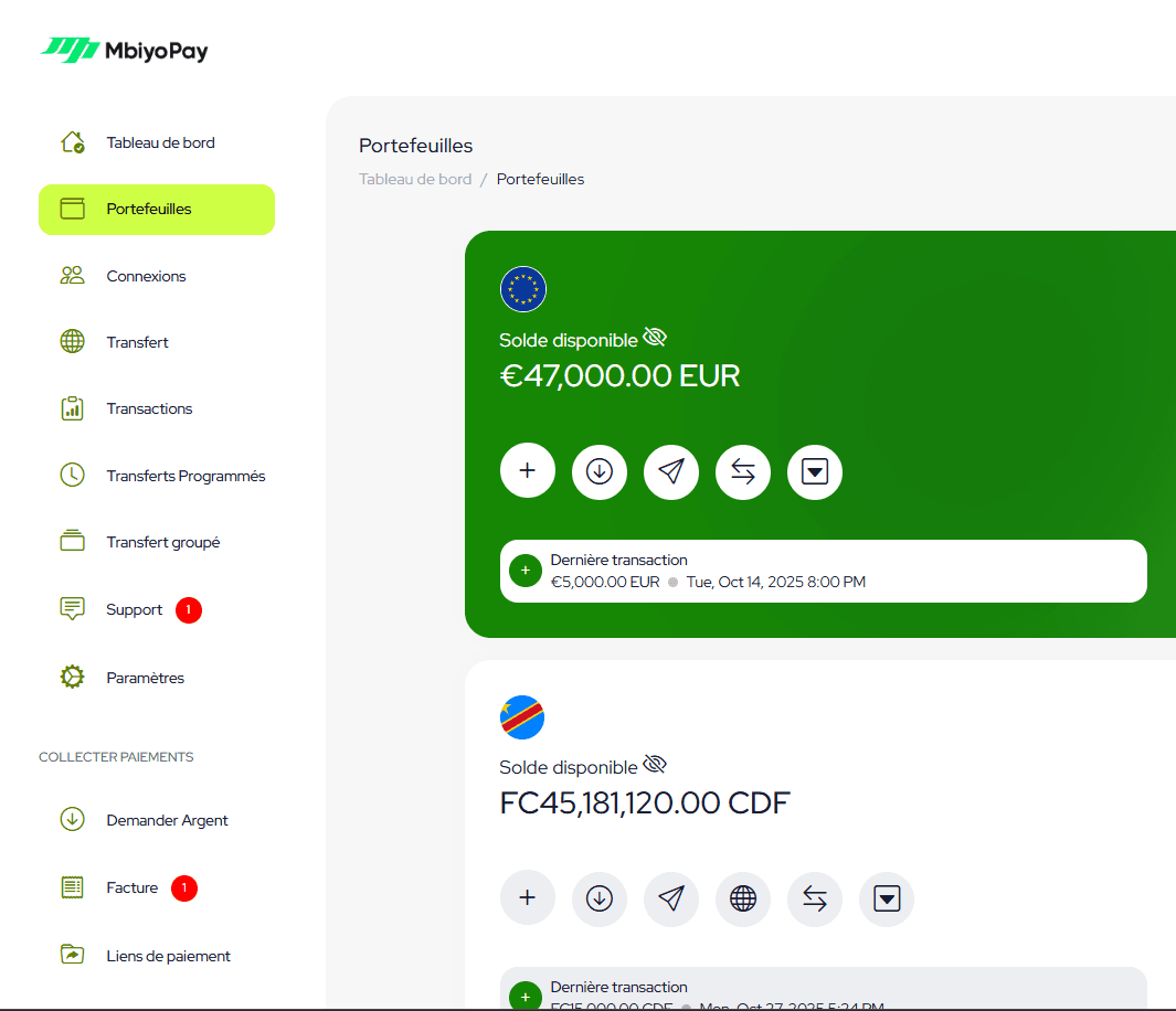 Aperçu du tableau de bord MbiyoPay